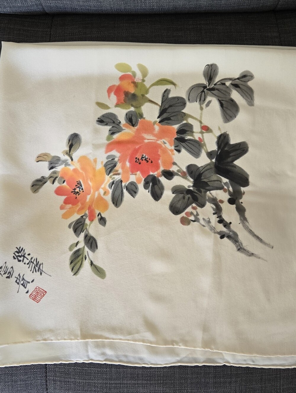 Ivory Silk Scarf With Floral Print